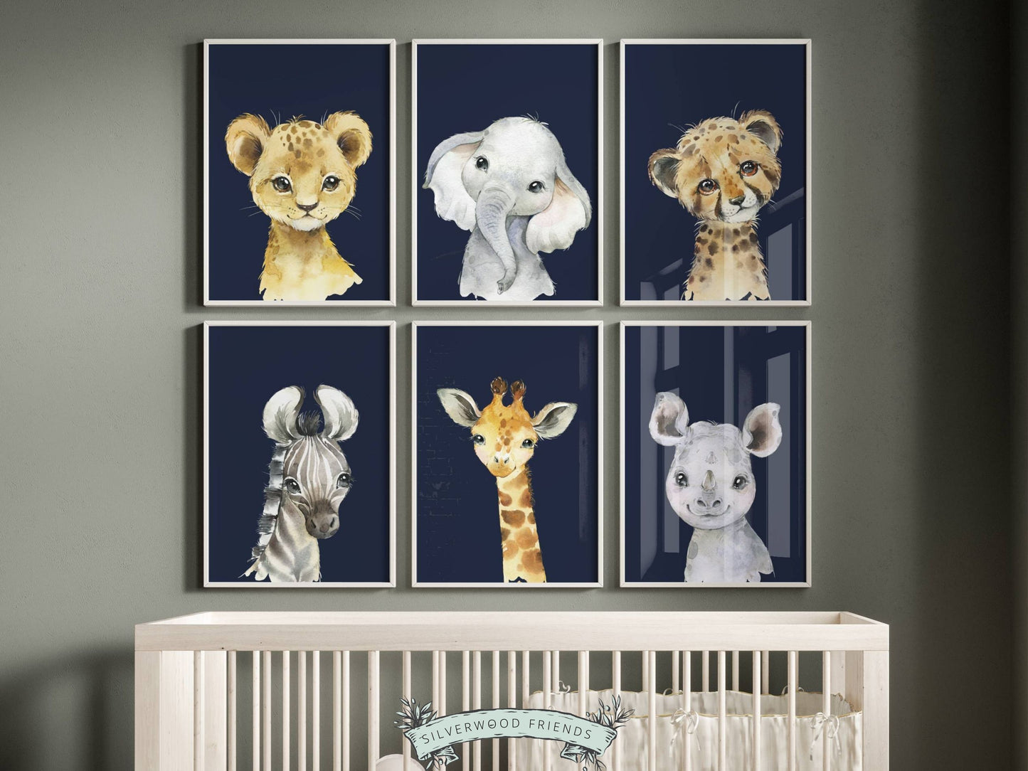Navy Blue Jungle Animal Nursery Prints Set