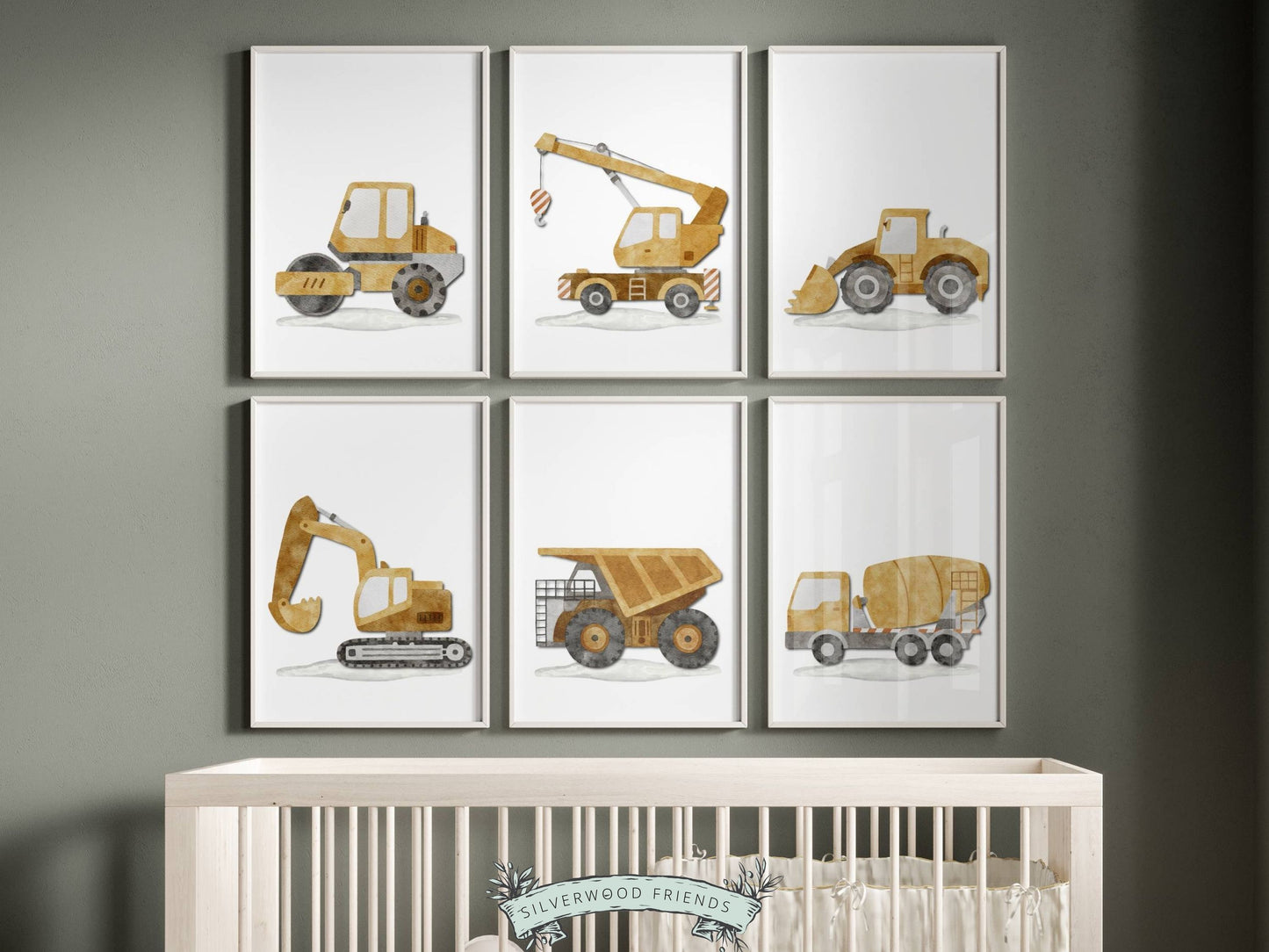 Discover the perfect addition to your boys nursery decor with our Construction Nursery Prints Set of 6. Featuring beautiful watercolour construction vehicles, it is perfect for your transport nursery decor or as a boys baby shower gift.
