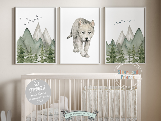 Our adorable Baby Wolf Nursery Prints are the perfect addition to your baby's woodland nursery decor and part of our BEST SELLING wolf nursery wall art. Perfect for your wolf nursery decor, woodland nursery or as a baby shower gift.