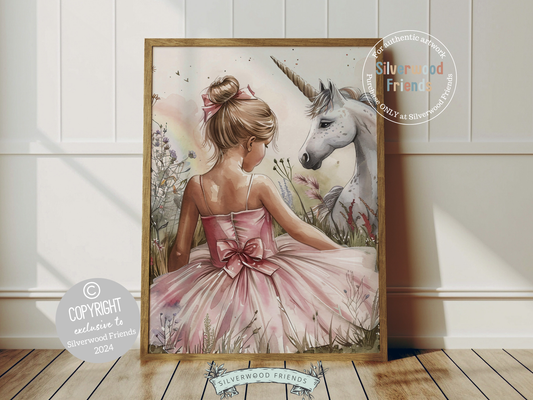 Transform your baby girl's nursery with our Unicorn Nursery Print, featuring a ballerina and unicorn amidst wildflowers in lovely muted watercolours. Perfect for ballet or wildflower-themed decor, this charming print inspires imagination and makes a unique baby shower gift.