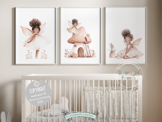 Embrace the enchantment with our delightful Fairy Nursery Prints featuring fairies, fairy house, bunnies, and wildflowers, the perfect adornment for your baby girl's nursery decor or a cherished baby shower gift guaranteed to enchant.