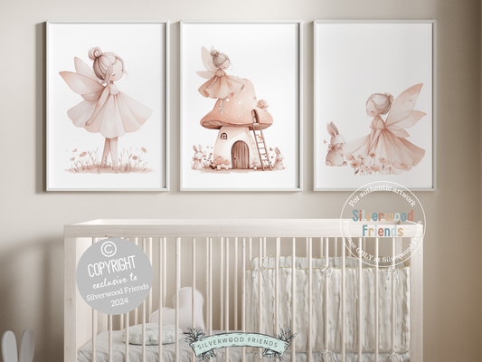 Embrace the enchantment with our delightful Fairy Nursery Prints featuring fairies, fairy house, bunnies, and wildflowers, the perfect adornment for your baby girl's nursery decor or a cherished baby shower gift guaranteed to enchant.