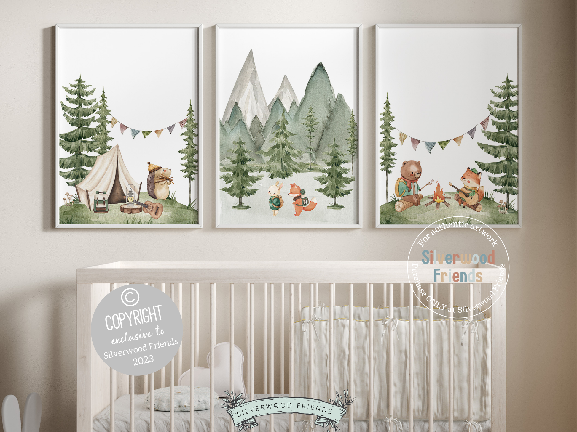 Our adorable watercolour Animals Camping Nursery Prints with woodland forest animals and mountain landscape are the perfect addition to your baby's woodland nursery or forest theme bedroom and also make a lovely woodland baby shower gift.