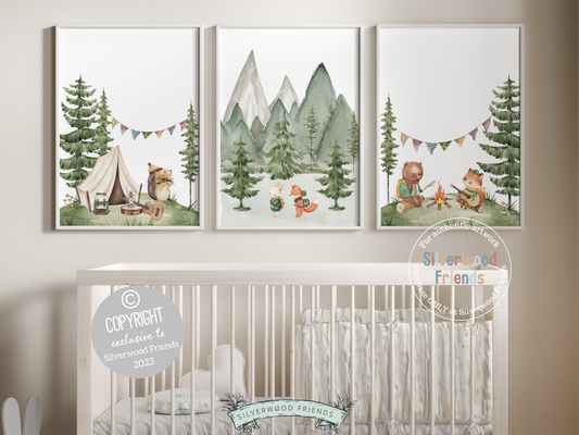 Our adorable watercolour Animals Camping Nursery Prints with woodland forest animals and mountain landscape are the perfect addition to your baby's woodland nursery or forest theme bedroom and also make a lovely woodland baby shower gift.