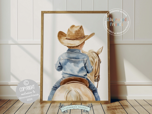 Add a touch of rustic charm to your baby boy's nursery with our Cowboy Nursery Print, featuring an adorable little cowboy riding his trusty tan horse. Perfect for western themed decor and a thoughtful baby shower gift for horse loving families.