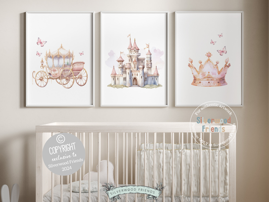 Turn your baby girl's nursery into a realm of fairy tale enchantment with our captivating Set of 3 Princess Nursery Prints, featuring a whimsical castle, majestic carriage, crown and butterflies. Perfect for a princess themed bedroom these prints evoke dreams of graceful twirls and elegant pirouettes, adding a touch of magical charm to her space.