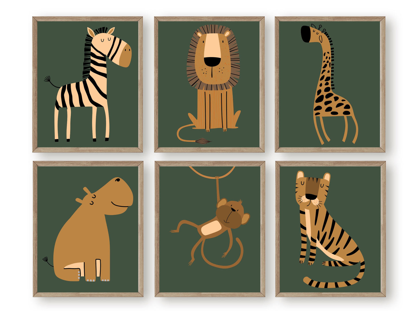 Our boho safari animal nursery prints with jungle animals zebra, lion, giraffe, hippo, monkey and tiger is set on a green background and perfect for your jungle nursery decor and as a safari baby shower gift.