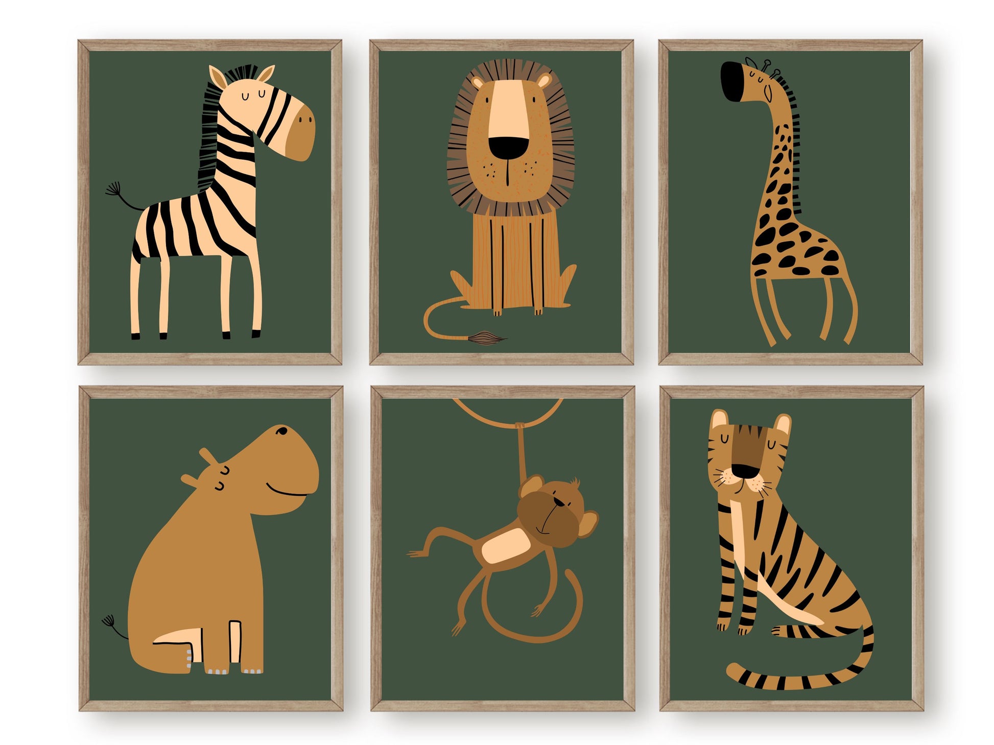 Our boho safari animal nursery prints with jungle animals zebra, lion, giraffe, hippo, monkey and tiger is set on a green background and perfect for your jungle nursery decor and as a safari baby shower gift.