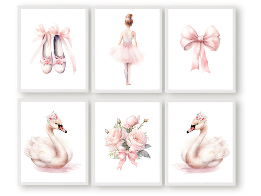Set of 6 Ballet Nursery Prints. Perfect for your ballet nursery decor or dance inspired bedroom, these charming prints add an elegant touch to your baby girl's room inspiring dreams of graceful twirls and makes a unique baby shower gift.