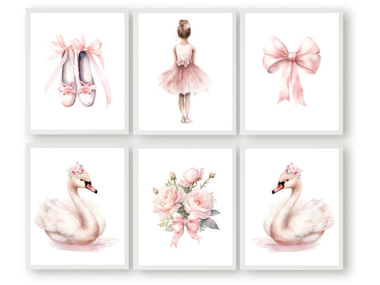 Set of 6 Ballet Nursery Prints. Perfect for your ballet nursery decor or dance inspired bedroom, these charming prints add an elegant touch to your baby girl's room inspiring dreams of graceful twirls and makes a unique baby shower gift.