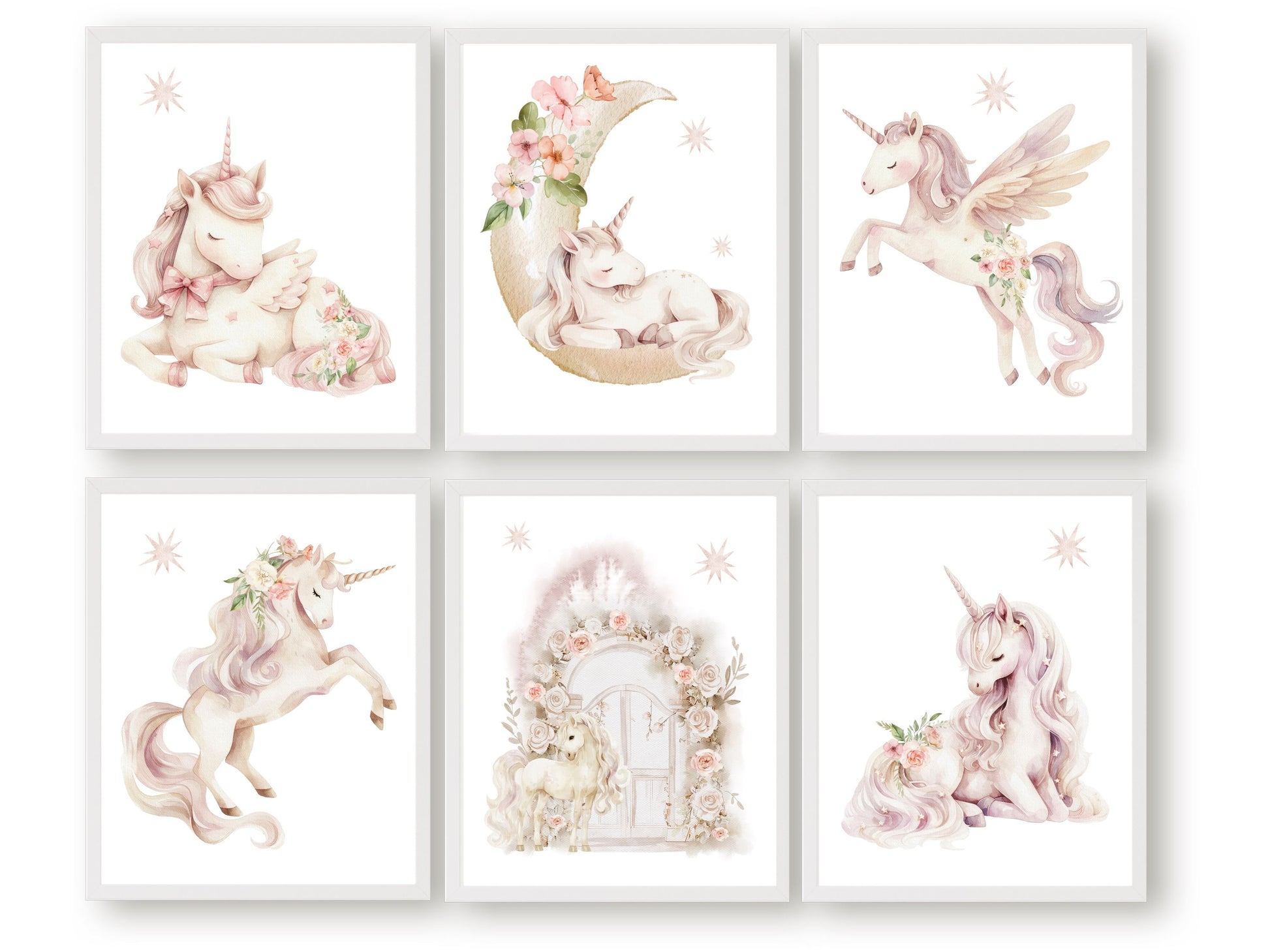 Transform your nursery into a magical wonderland with our Set of 6 Unicorn Nursery Prints, featuring charming unicorns with wildflowers dancing amidst a dreamy starlit sky.