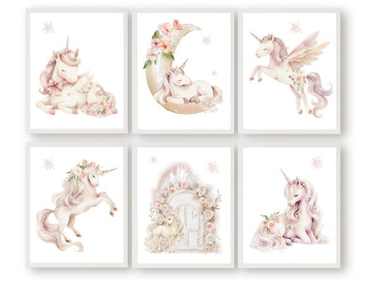Transform your nursery into a magical wonderland with our Set of 6 Unicorn Nursery Prints, featuring charming unicorns with wildflowers dancing amidst a dreamy starlit sky.