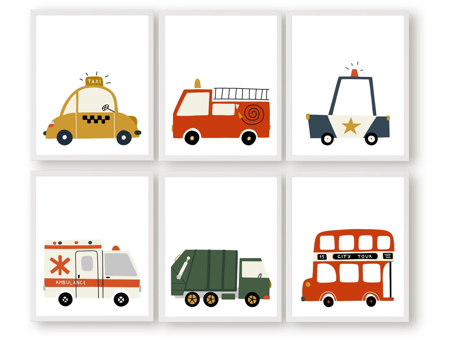 Elevate your little ones nursery with our charming Car Nursery Prints Set of 6. Showcasing a fire engine, police car, ambulance, taxi and garbage truck and school bus. Whether you're decorating a transport themed nursery or searching for a unique boys baby shower gift, this set is sure to delight with its playful and educational appeal.