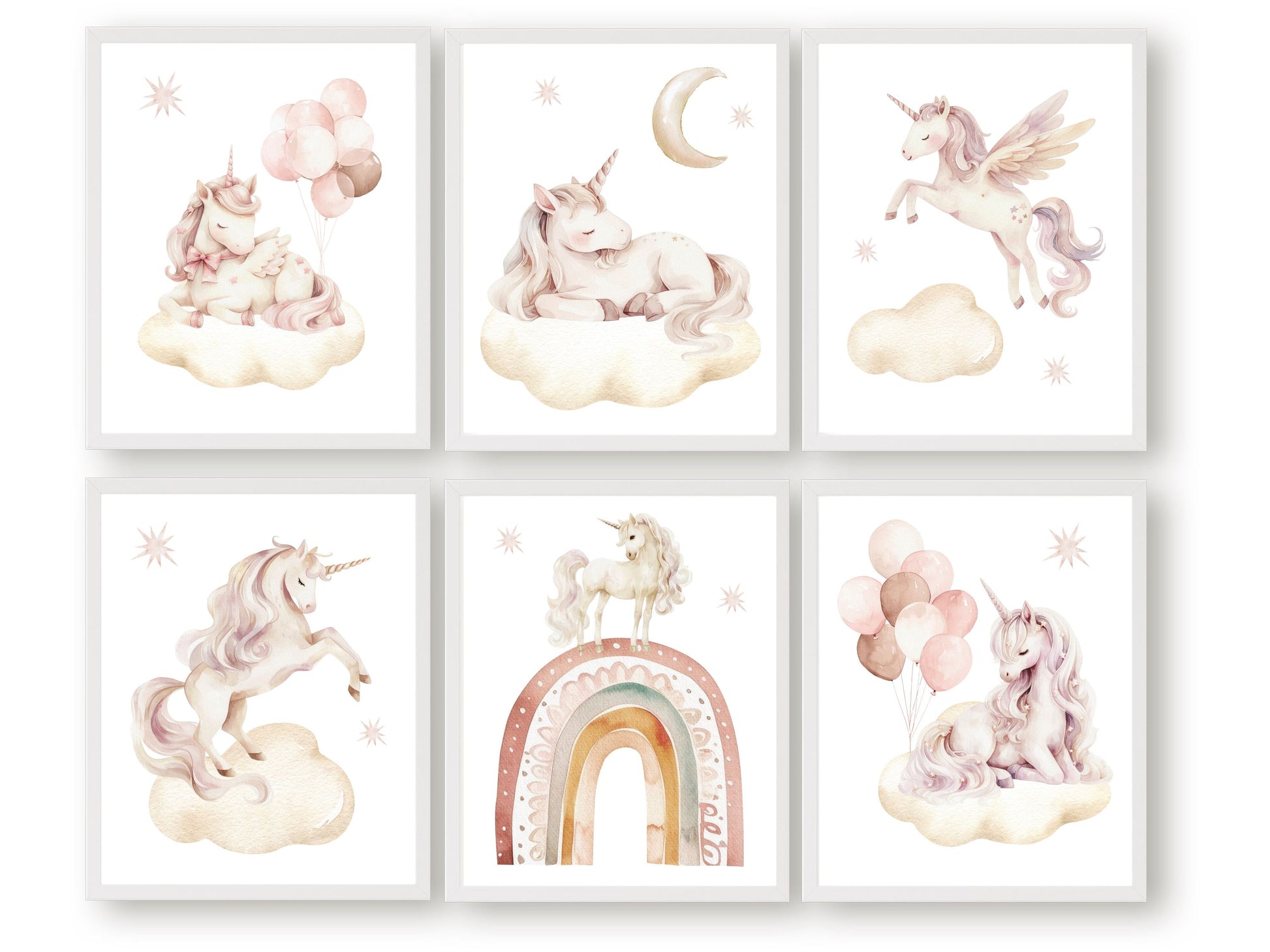 Transform your nursery into a magical wonderland with our Set of 6 Unicorn Nursery Prints, featuring charming unicorns dancing amidst a dreamy starlit sky. Add a touch of whimsy to your little ones space, or gift it as a truly special baby shower gift.