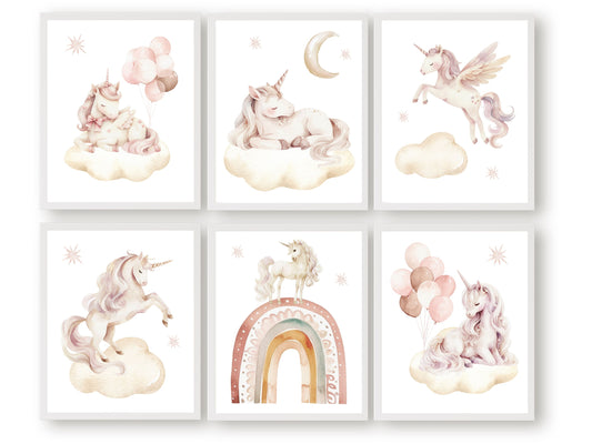 Transform your nursery into a magical wonderland with our Set of 6 Unicorn Nursery Prints, featuring charming unicorns dancing amidst a dreamy starlit sky. Add a touch of whimsy to your little ones space, or gift it as a truly special baby shower gift.