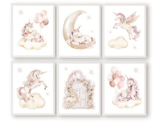 Transform your nursery into a magical wonderland with our Set of 6 Unicorn Nursery Prints, featuring charming unicorns dancing amidst a dreamy starlit sky.