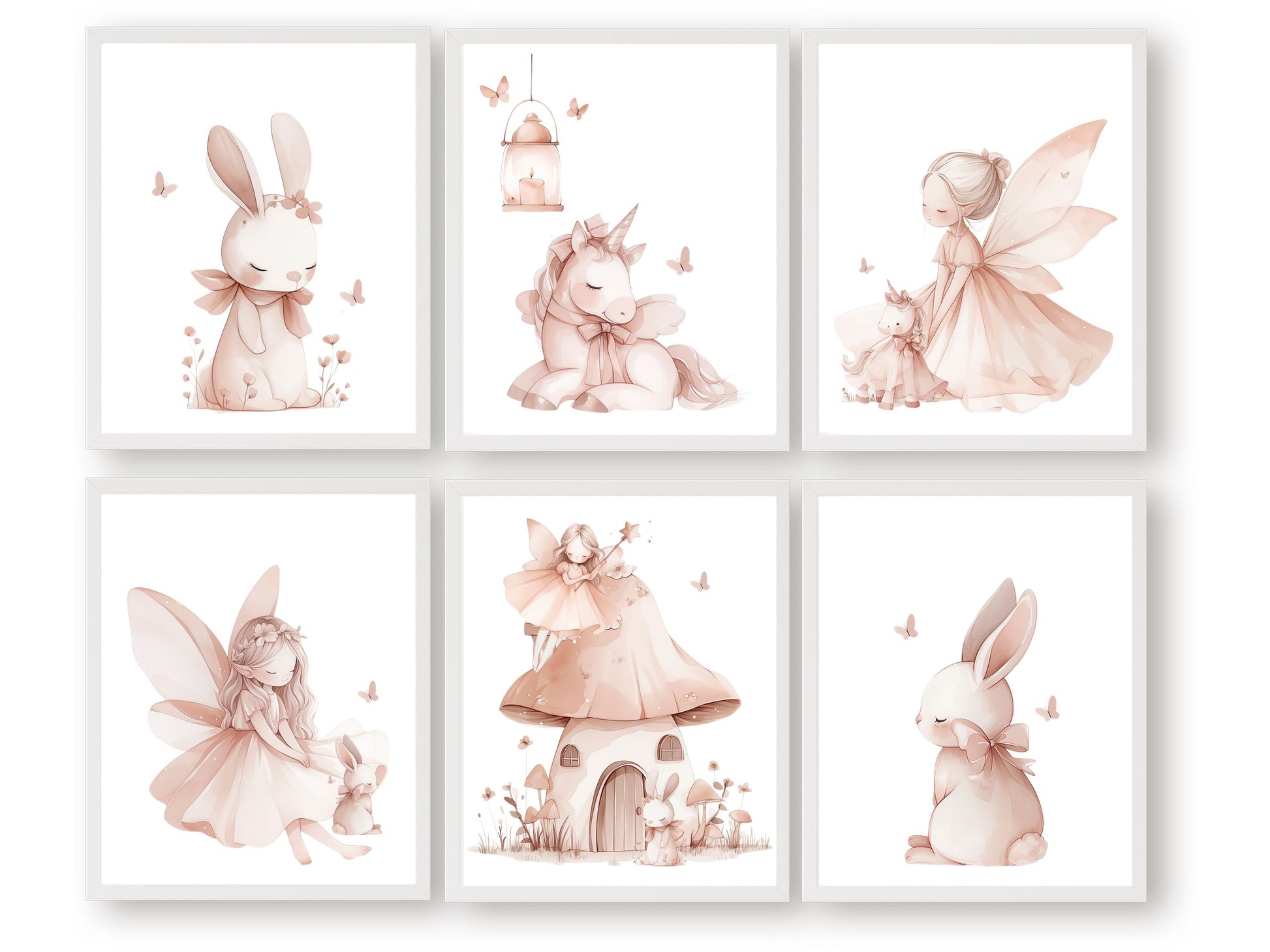 Set of 6 Fairytale Nursery Prints featuring fairies, unicorns and adorable bunny rabbits. These pastel pink prints will add a touch of magic and wonder to your baby's nursery decor and also makes a lovely baby shower gift.