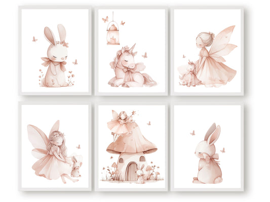 Set of 6 Fairytale Nursery Prints featuring fairies, unicorns and adorable bunny rabbits. These pastel pink prints will add a touch of magic and wonder to your baby's nursery decor and also makes a lovely baby shower gift.