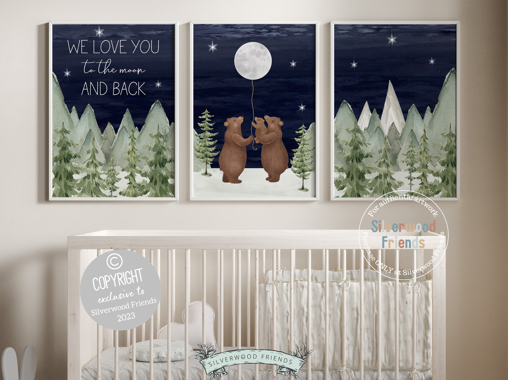 Transform your nursery decor with our enchanting Set of 3 Bear Nursery Prints featuring a family of bears holding the moon under a starry night sky surrounded by a serene watercolour mountain and woodland forest landscape and quote "We love you to the moon and back". It's ideal for your woodland nursery decor and makes a unique baby shower gift.