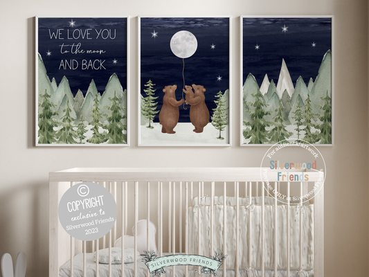 Transform your nursery decor with our enchanting Set of 3 Bear Nursery Prints featuring a family of bears holding the moon under a starry night sky surrounded by a serene watercolour mountain and woodland forest landscape and quote "We love you to the moon and back". It's ideal for your woodland nursery decor and makes a unique baby shower gift.