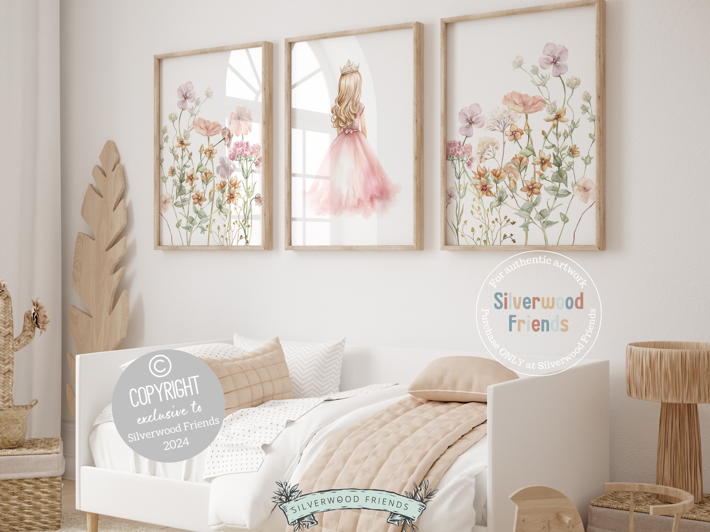 Transform your baby girl's nursery into a magical realm with our Set of 3 Princess Wildflower Nursery Prints, featuring a delicate princess and enchanting wildflowers. These prints add a touch of fairy tale charm to her space, igniting whimsical dreams with every glance.