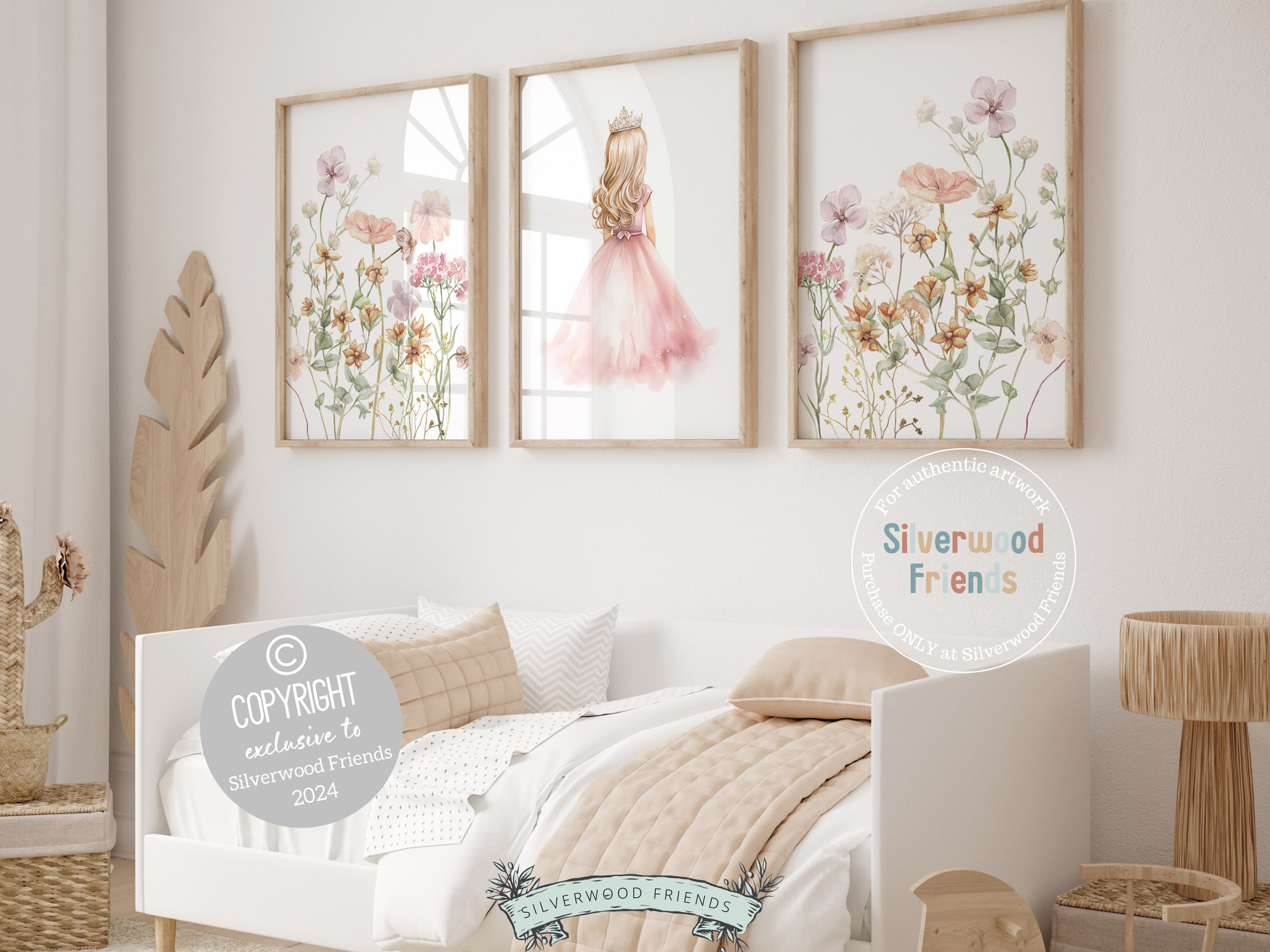 Transform your baby girl's nursery into a magical realm with our Set of 3 Princess Wildflower Nursery Prints, featuring a delicate princess and enchanting wildflowers. These prints add a touch of fairy tale charm to her space, igniting whimsical dreams with every glance.