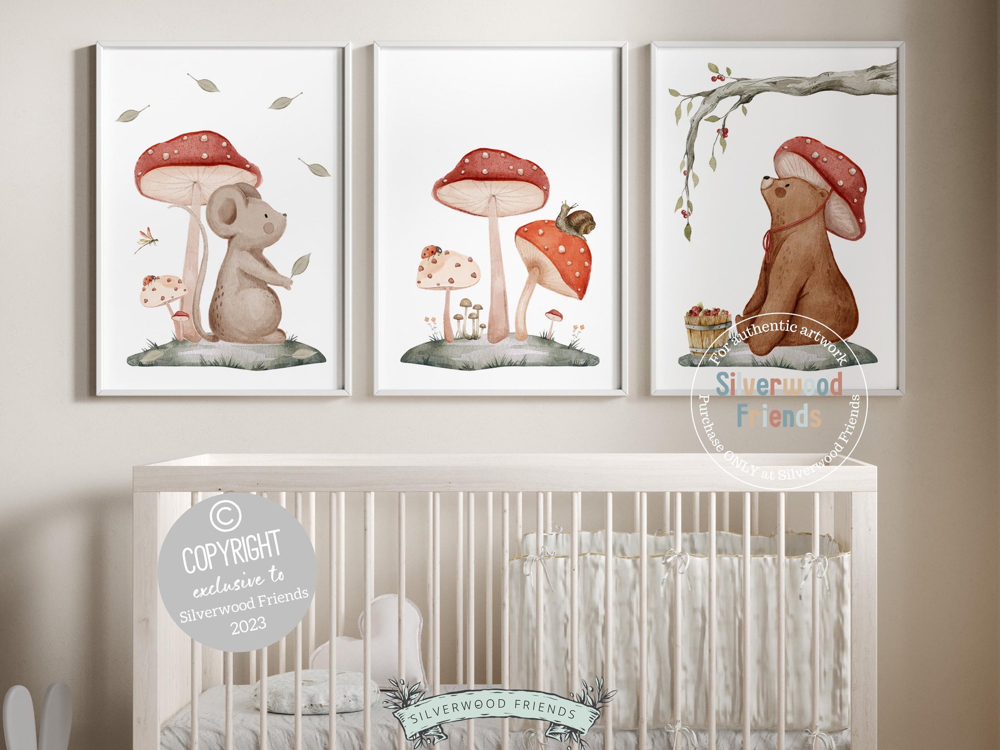 Set of 3 Woodland Nursery Prints, featuring an adorable woodland bear and mouse amidst delightful mushrooms — perfect for creating a whimsical atmosphere in your woodland nursery decor or as a heartwarming gender neutral baby shower gift.