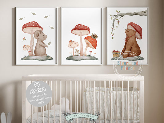 Set of 3 Woodland Nursery Prints, featuring an adorable woodland bear and mouse amidst delightful mushrooms — perfect for creating a whimsical atmosphere in your woodland nursery decor or as a heartwarming gender neutral baby shower gift.
