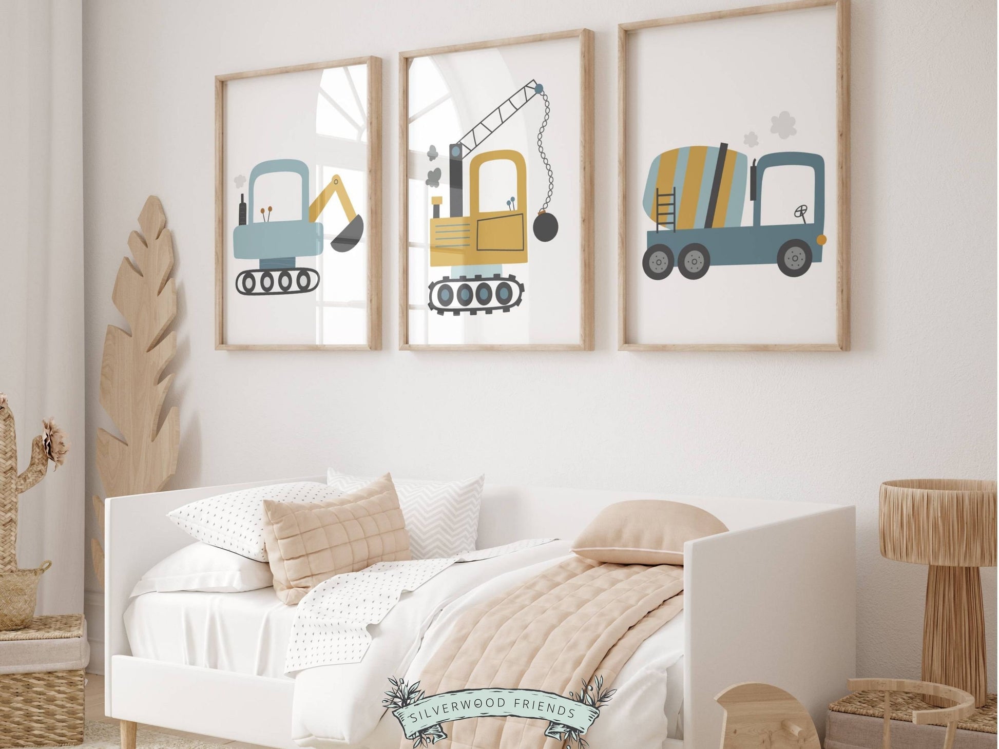 Our delightful Set of 3 Construction Nursery Prints features colorful blue and yellow digger trucks - the perfect addition to any transport lovers nursery decor! Each print showcases a different digger truck and is perfect for your transport nursery.