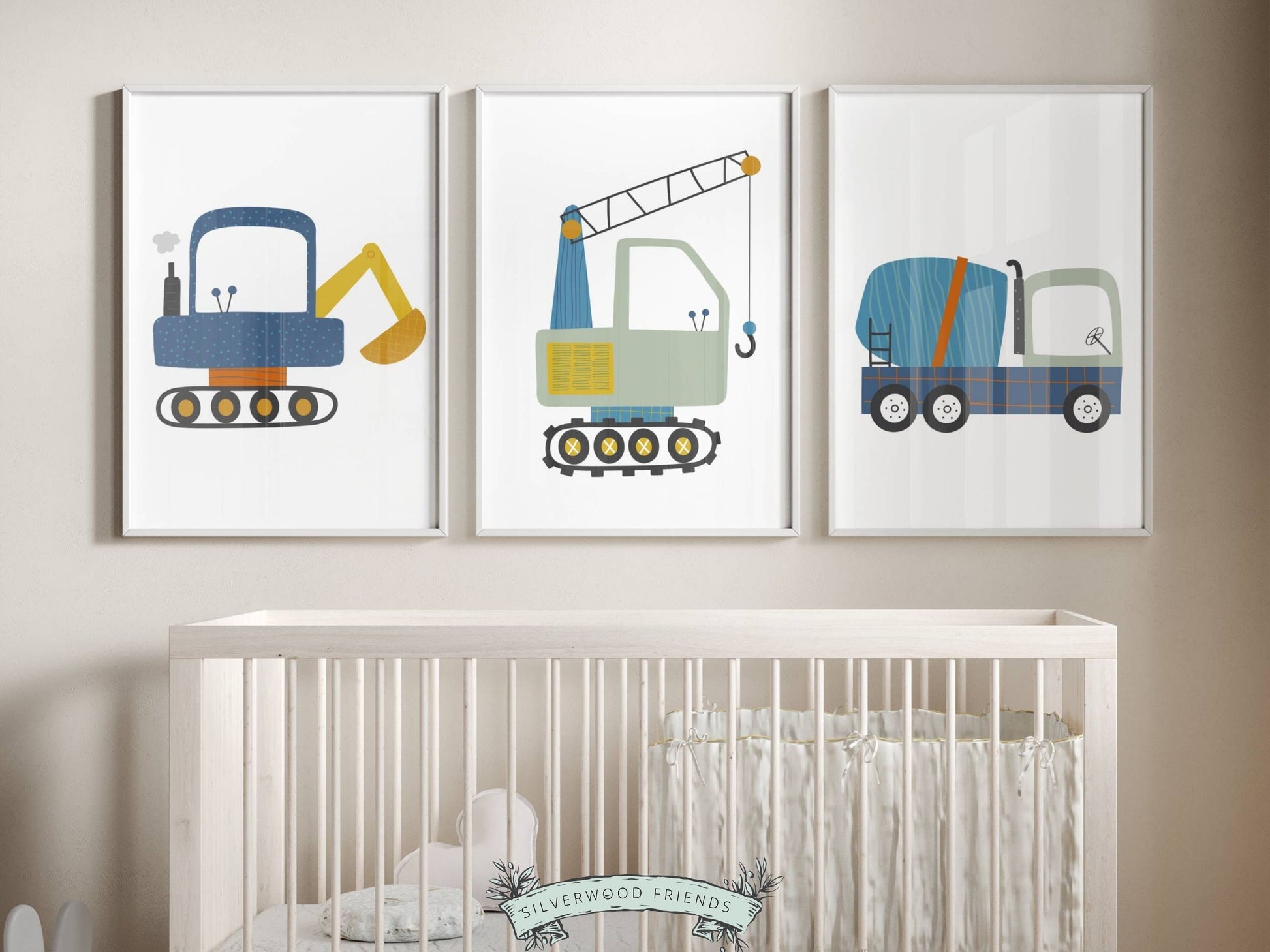 Our delightful Set of 3 Construction Nursery Prints features colorful blue digger trucks. Perfect for your construction truck nursery decor! Each print showcases a different digger truck and is perfect for your little boys nursery decor.