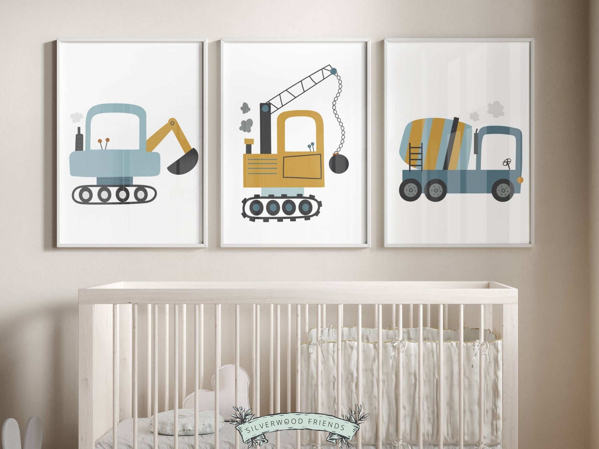 Our delightful Set of 3 Construction Nursery Prints features colorful blue and yellow digger trucks - the perfect addition to any transport lovers nursery decor! Each print showcases a different digger truck and is perfect for your transport nursery.