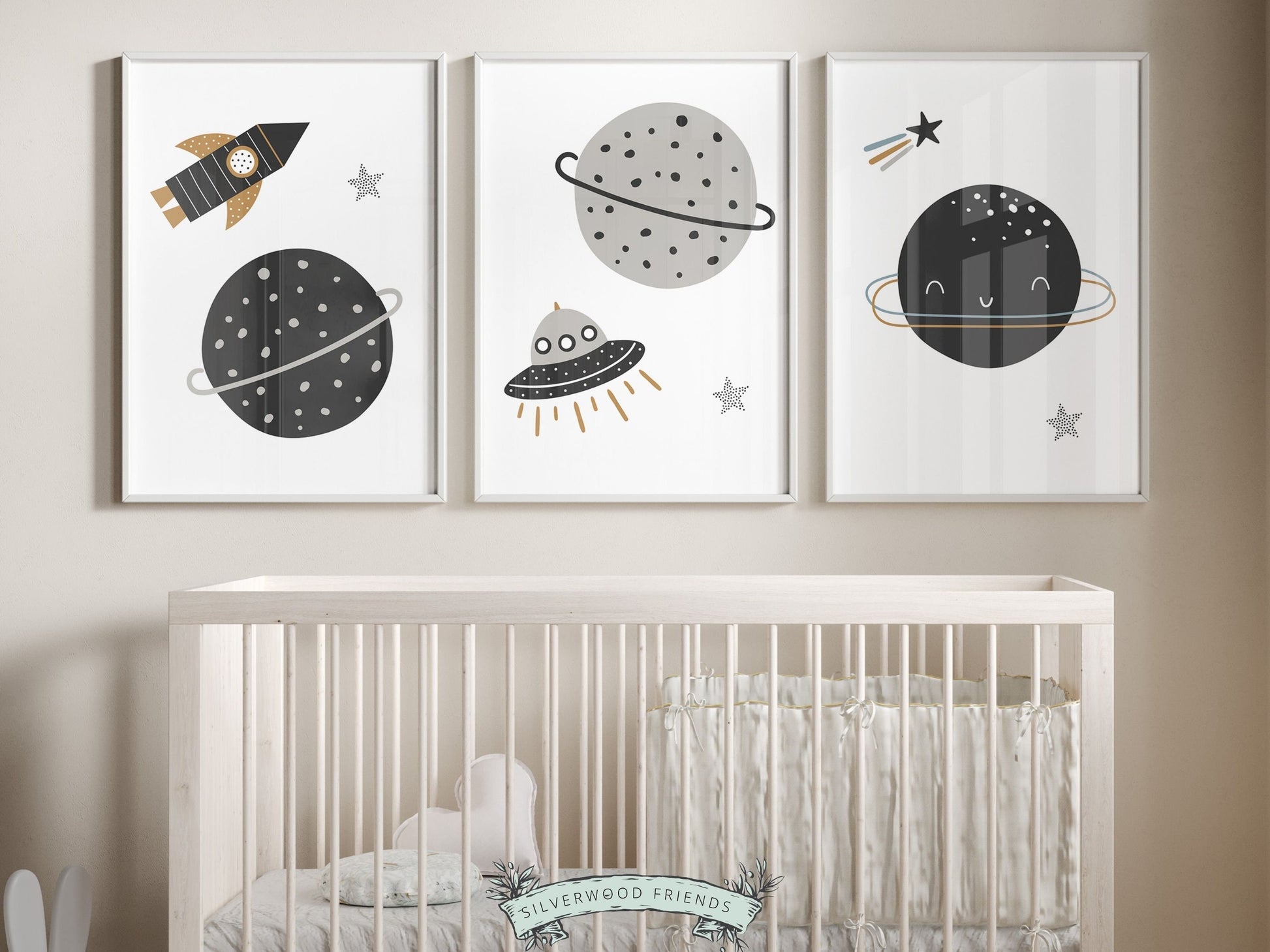 Transform your baby boys nursery decor into a realm of cosmic wonder with our enchanting Set of 3 Space Nursery Prints featuring planets, rockets, moon, stars, and spaceships in monochrome colors, igniting creativity and boundless imagination.