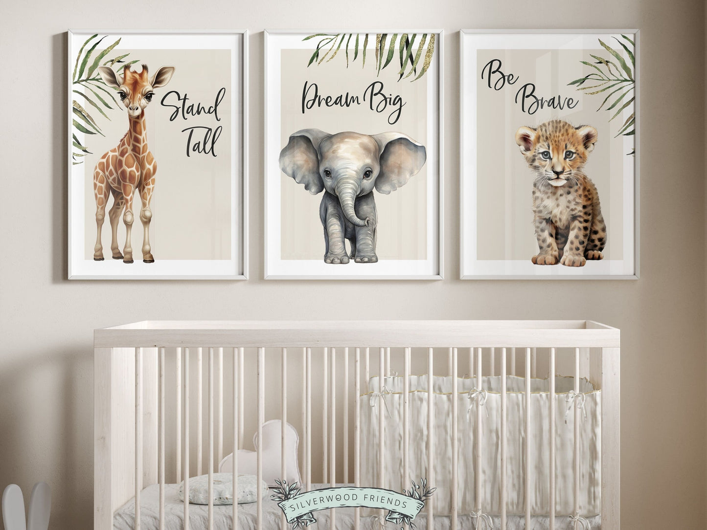 Our Safari Jungle Animal Nursery Prints featuring adorable watercolor illustrations of a giraffe, elephant and tiger with jungle leaves and inspirational quotes, is the perfect addition for your safari nursery decor.