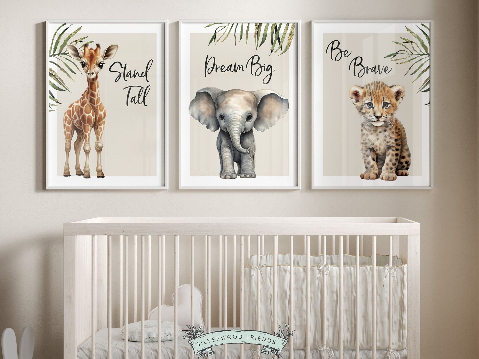 Our Safari Jungle Animal Nursery Prints featuring adorable watercolor illustrations of a giraffe, elephant and tiger with jungle leaves and inspirational quotes, is the perfect addition for your safari nursery decor.