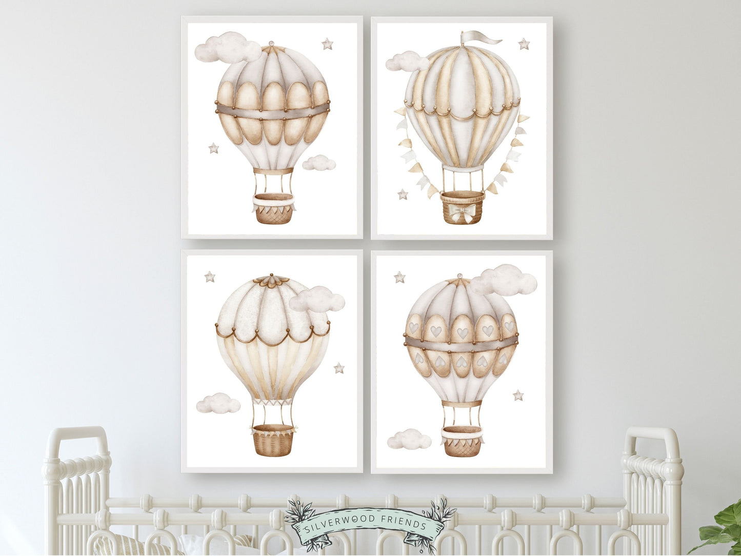 Set of 4 Hot Air Balloon Nursery Prints featuring watercolor hot air balloons in a calming neutral color palette. Perfect for your neutral nursery decor or transport nursery and also makes a unique gender neutral baby shower gift.