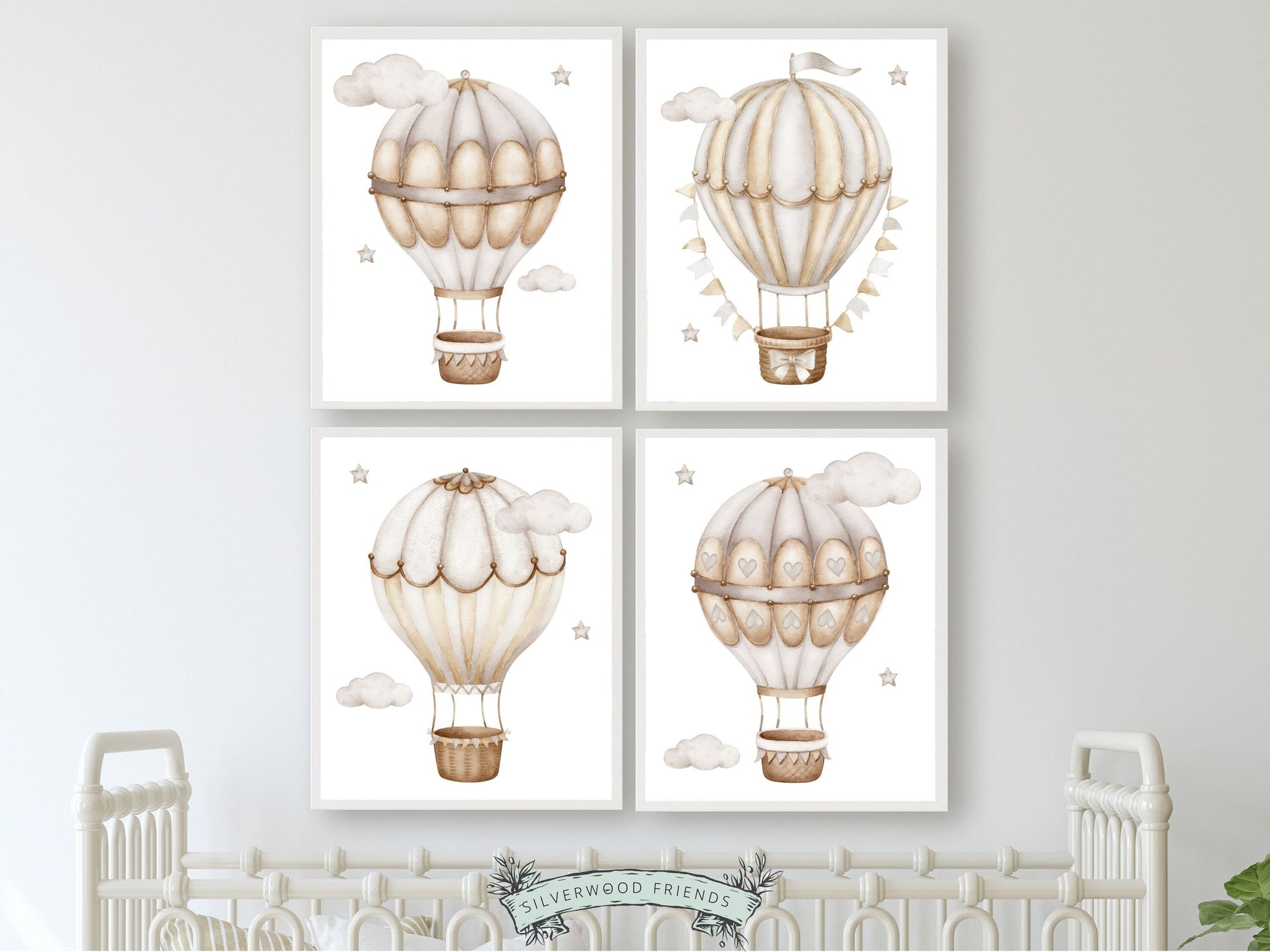 Set of 4 Hot Air Balloon Nursery Prints featuring watercolor hot air balloons in a calming neutral color palette. Perfect for your neutral nursery decor or transport nursery and also makes a unique gender neutral baby shower gift.