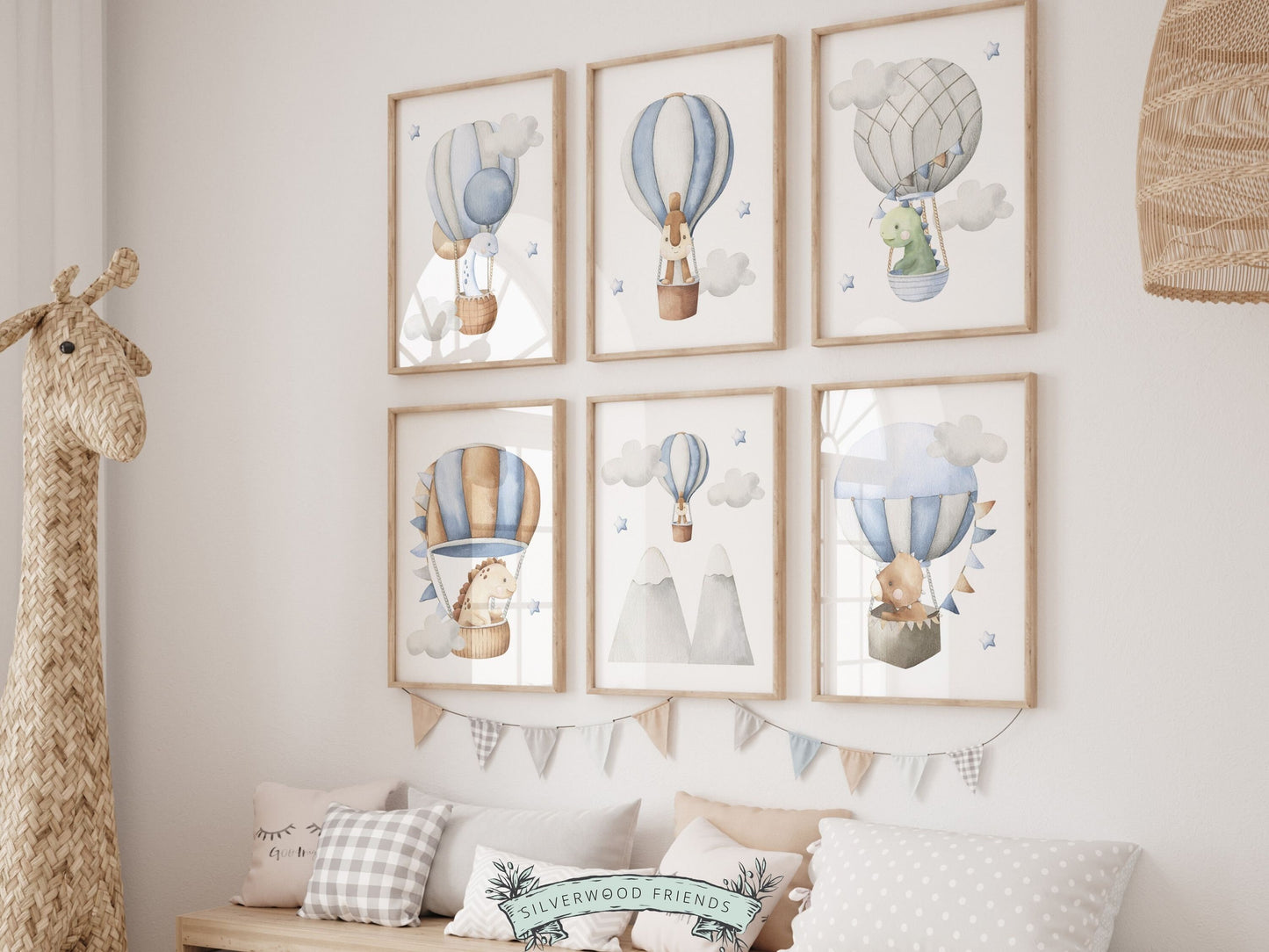 Dinosaur Nursery Prints, Hot Air Balloon Nursery Decor, Dino Kids Room Print, Toddler Boys Room Decor, Baby Boy Gift, Dinosaur Digital Print