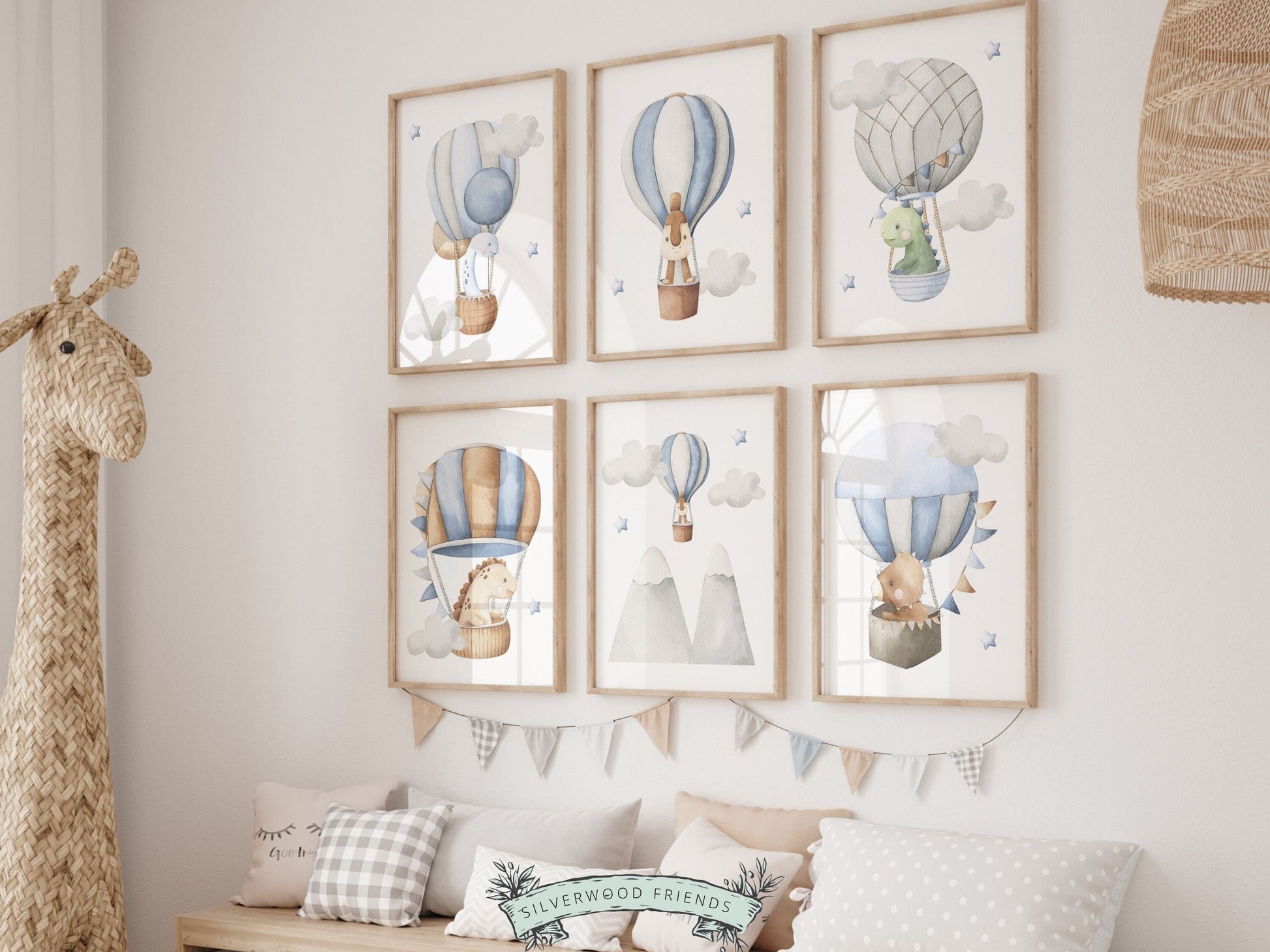 Dinosaur Nursery Prints, Hot Air Balloon Nursery Decor, Dino Kids Room Print, Toddler Boys Room Decor, Baby Boy Gift, Dinosaur Digital Print