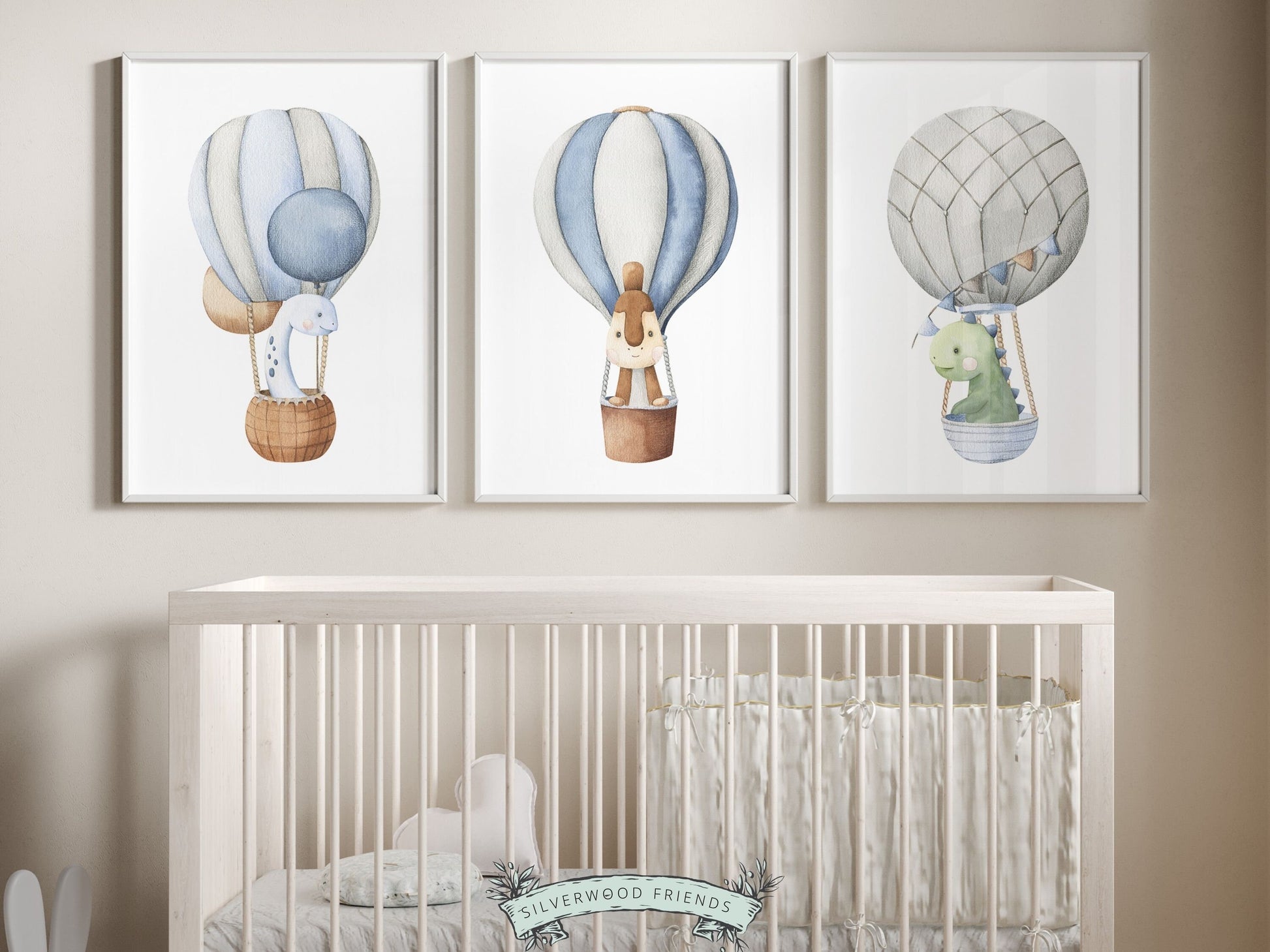 Our delightful Set of 3 Dinosaur Nursery Prints feature watercolor dinosaurs in hot air balloons. Perfect for your dinosaur theme nursery or as an adorable dinosaur baby shower gift.