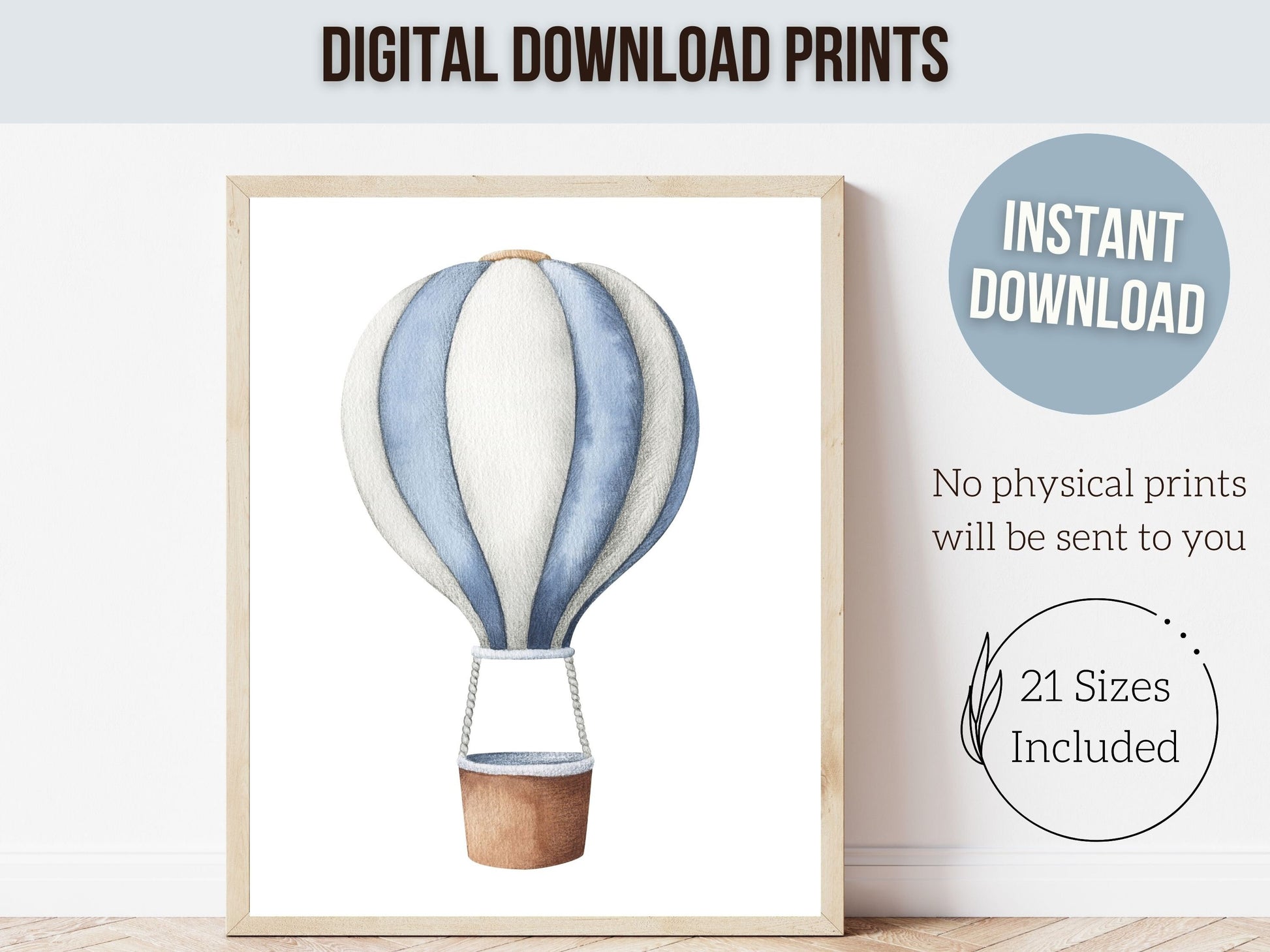 Hot Air Balloon Nursery Prints, Baby Boy Blue Nursery Decor, Nursery Wall Art, Newborn Gift, Transport Adventure Theme Nursery Digital Print