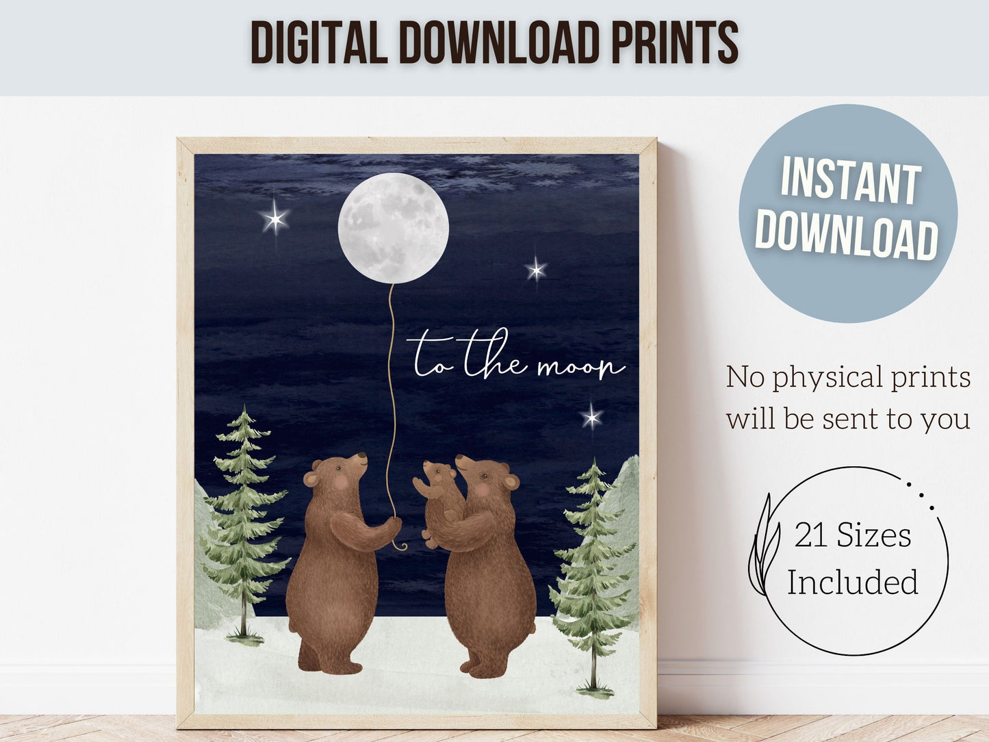 Bear Nursery Prints, Navy Blue Night Sky Moon Nursery Decor, Woodland Forest Nursery Decor, Newborn Baby Gift,Mountain Nursery Digital Print