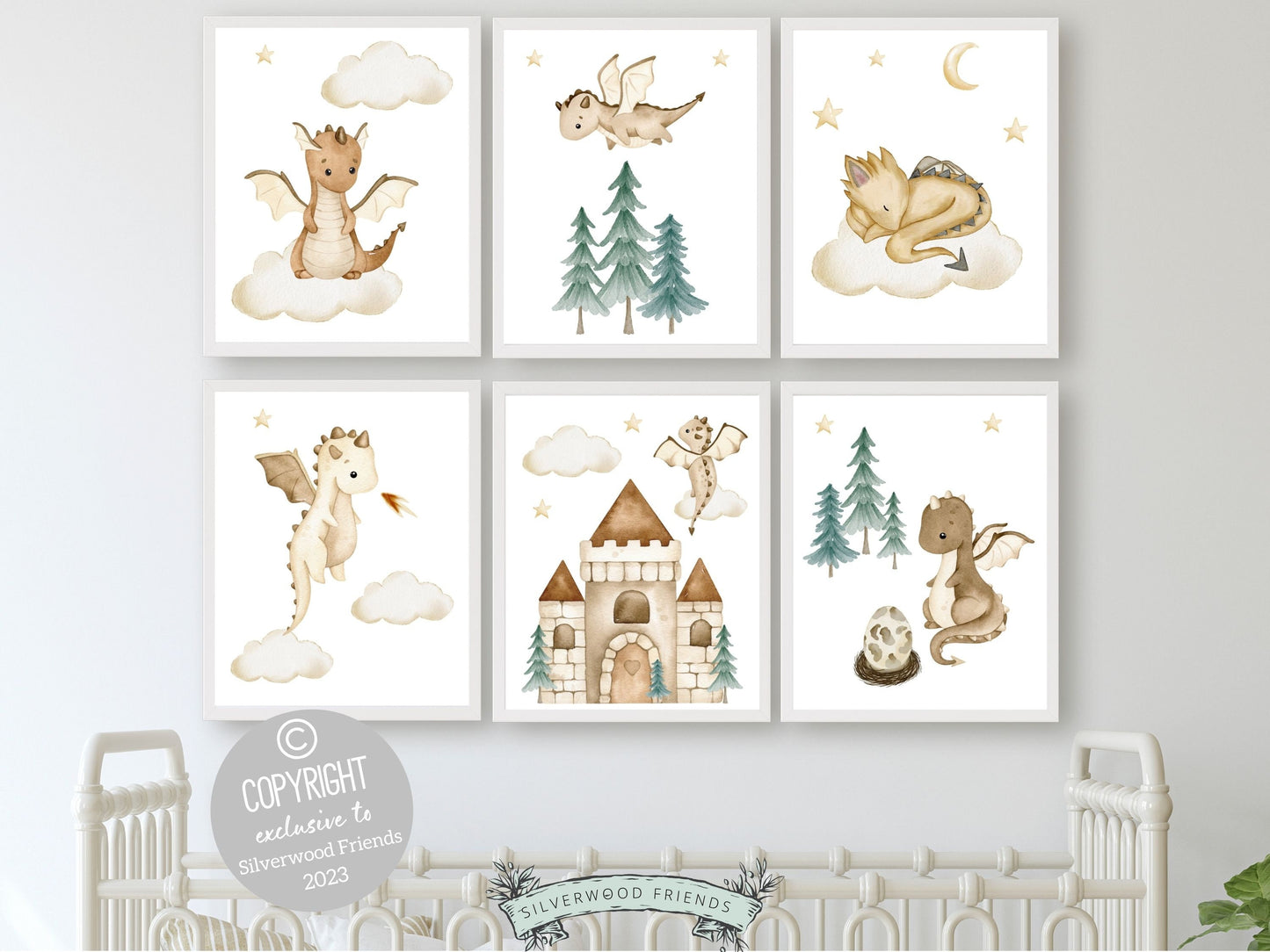 Set of 6 Baby Dragon Nursery Prints featuring beige watercolor baby dragons. Its perfect for your dragon nursery decor or fantasy theme nursery and also makes a thoughtful dragon baby shower gift.