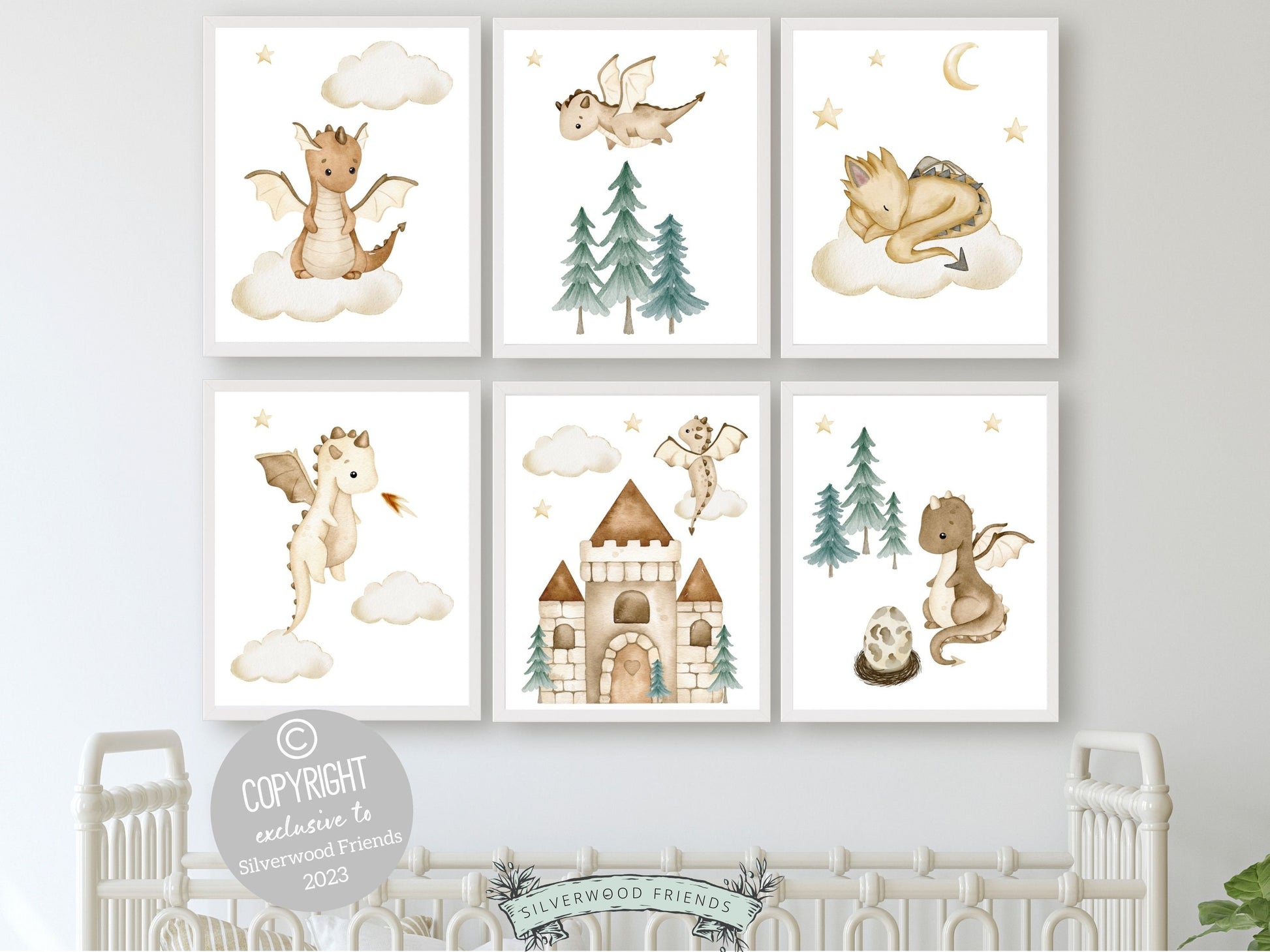 Set of 6 Baby Dragon Nursery Prints featuring beige watercolor baby dragons. Its perfect for your dragon nursery decor or fantasy theme nursery and also makes a thoughtful dragon baby shower gift.