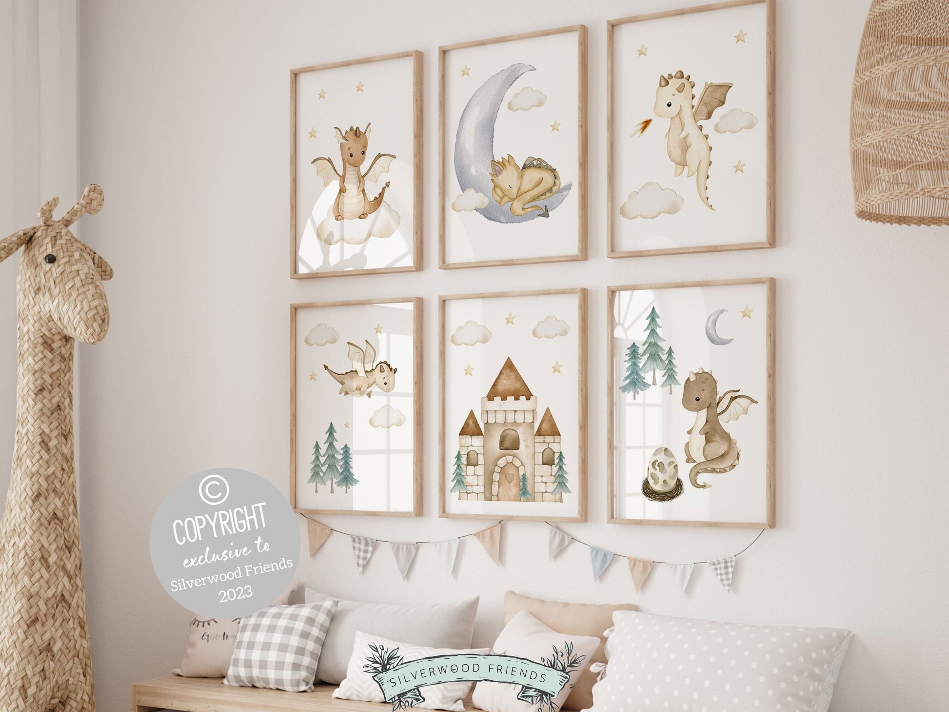 ORIGINAL Baby Dragon Nursery Print Kids Room Beige Dragon Nursery Decor, Fairytale Fantasy Neutral Nursery Wall Art Digital Download Prints