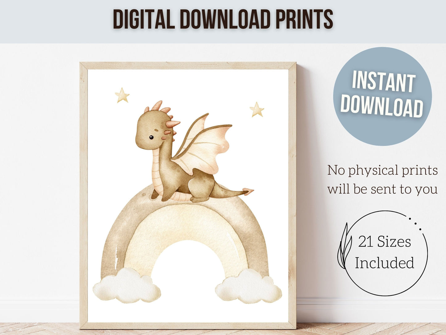 ORIGINAL Baby Dragon Nursery Print Kids Room Beige Dragon Nursery Decor, Fairytale Fantasy Neutral Nursery Wall Art Digital Download Prints
