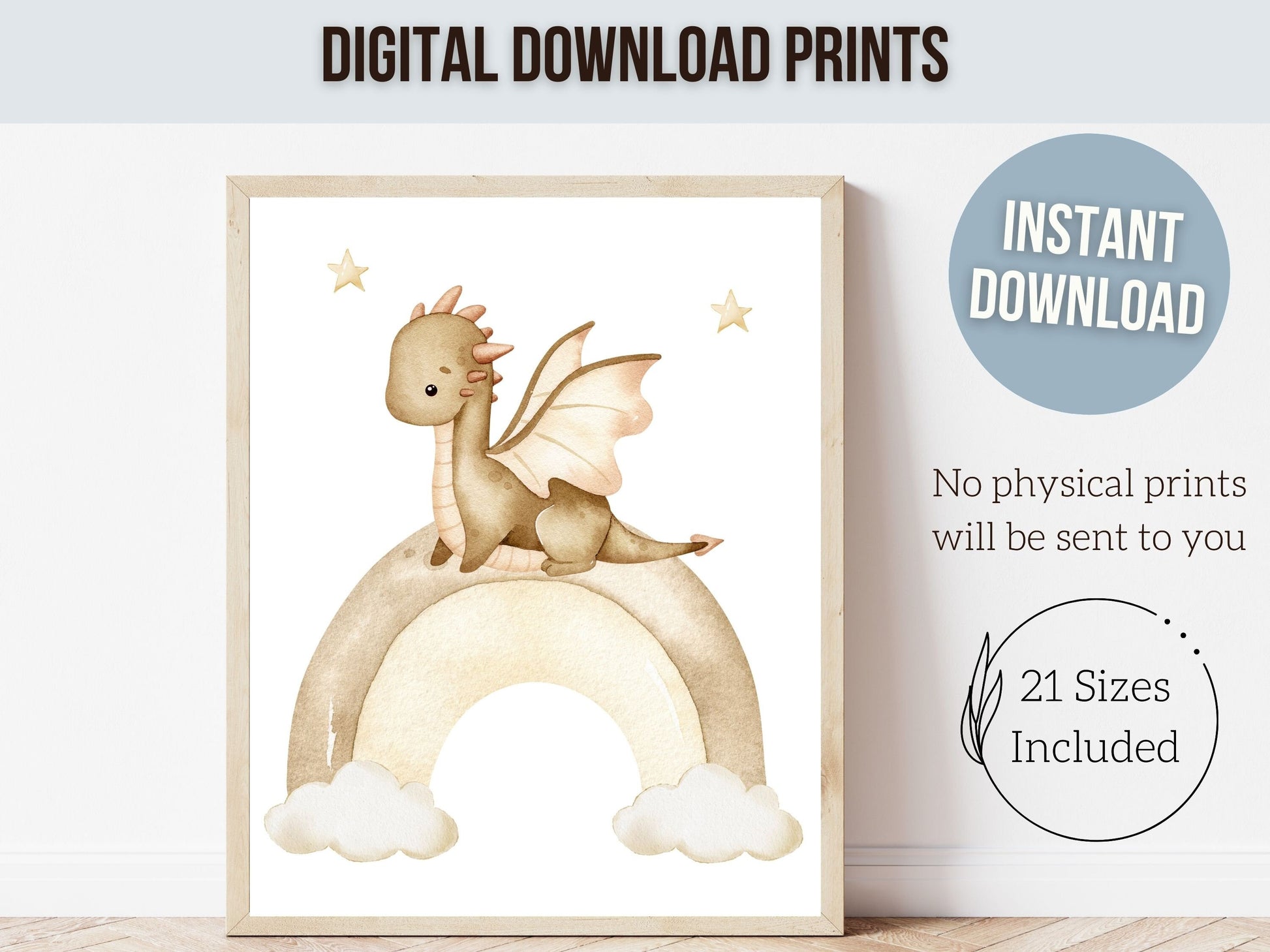 ORIGINAL Baby Dragon Nursery Print Kids Room Beige Dragon Nursery Decor, Fairytale Fantasy Neutral Nursery Wall Art Digital Download Prints