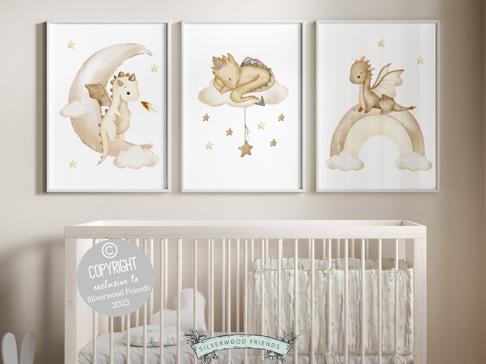 Set of 3 Baby Dragon Nursery Prints featuring beige watercolor baby dragons perfect for your dragon nursery decor or kids fantasy theme room and also makes a unique dragon baby shower gift.