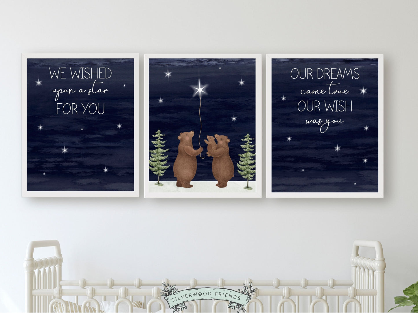 Set of 3 Bear Nursery Prints featuring a family of bears wishing upon a star under a starry night sky. Perfect for your woodland nursery decor and makes a unique gender neutral baby shower gift.