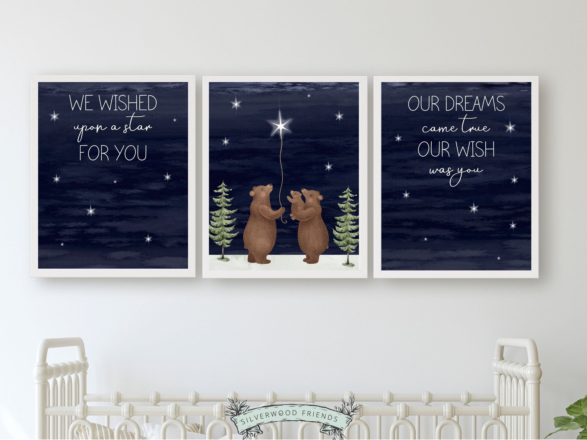 Set of 3 Bear Nursery Prints featuring a family of bears wishing upon a star under a starry night sky. Perfect for your woodland nursery decor and makes a unique gender neutral baby shower gift.