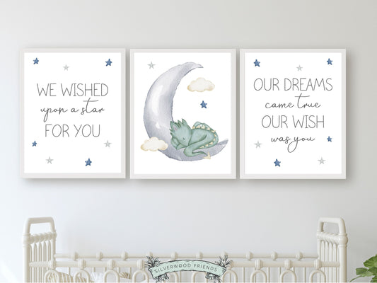 Transform your baby's nursery into a harmonious and dreamy sanctuary with our Set of 3 Baby Dragon Nursery Prints. Perfect for your baby boys dragon nursery decor or as a unique dragon baby shower gift.